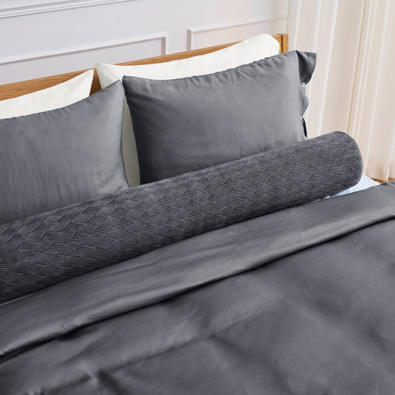 grey fitted bamboo sheet with pillow cover and body pillow