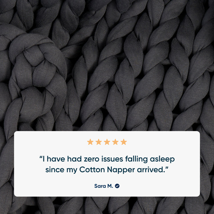 Dark grey textured fabric weighted blanket with a five-star rating and customer review on a white background