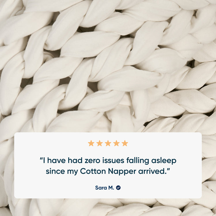 Text on a Cloud white weighted blanket with a five-star rating and customer review.