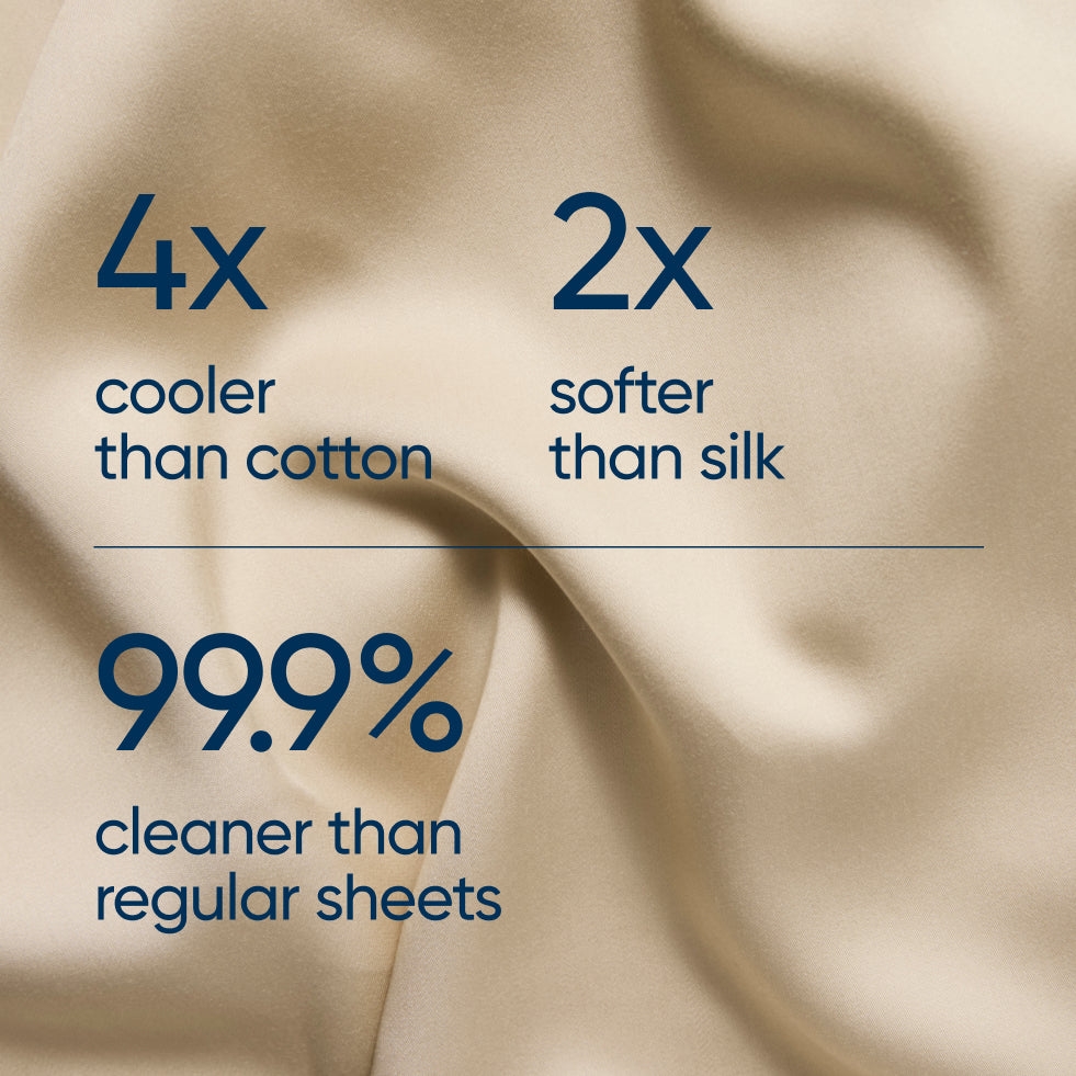 A close-up of driftwood satin-like fabric with dark blue text reading '4x cooler than cotton', '2x softer than silk', and '99.9% cleaner than regular sheets'.