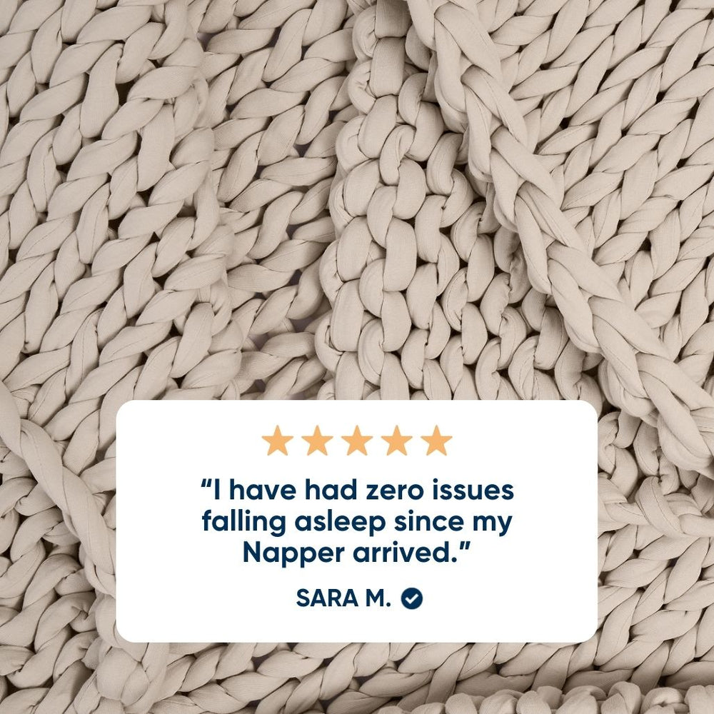 Driftwood colored bearaby ocean blanket with a five-star rating card and customer review.