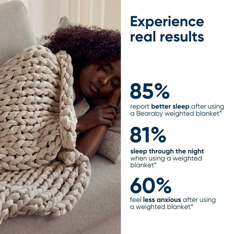 Woman wrapped in a bearaby driftwood ocean weighted blanket with statistics about its benefits on the right