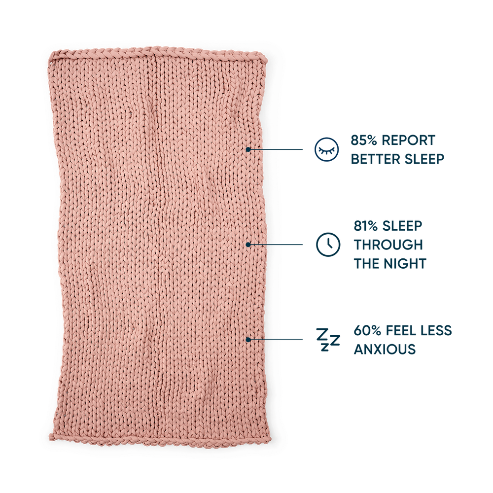 Evening Rose knitted blanket with text indicating sleep benefits