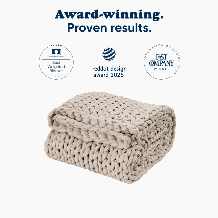 driftwood knitted blanket with leading award badges