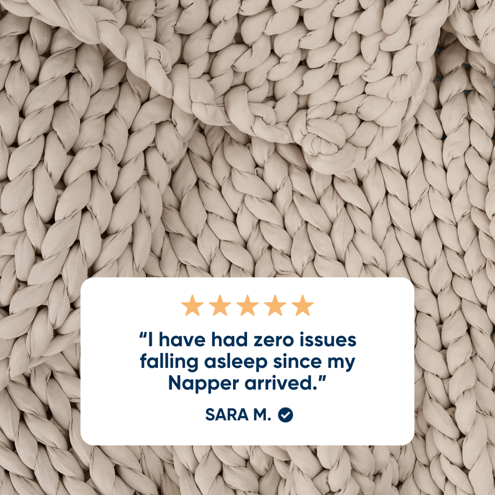 Driftwood color ocean weighted blanket with a five-star rating card and customer review.