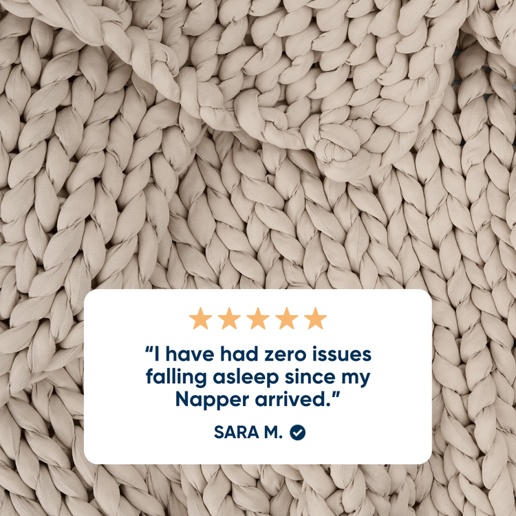Driftwood color ocean weighted blanket with a five-star rating card and customer review.