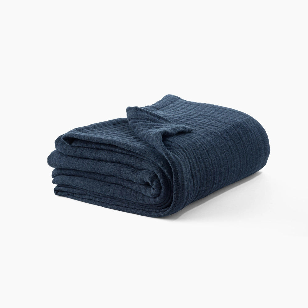 folded view of midnight blue muslin blanket