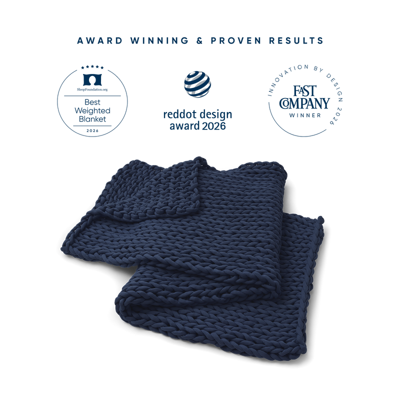 midnight blue weighted blanket with certification badges