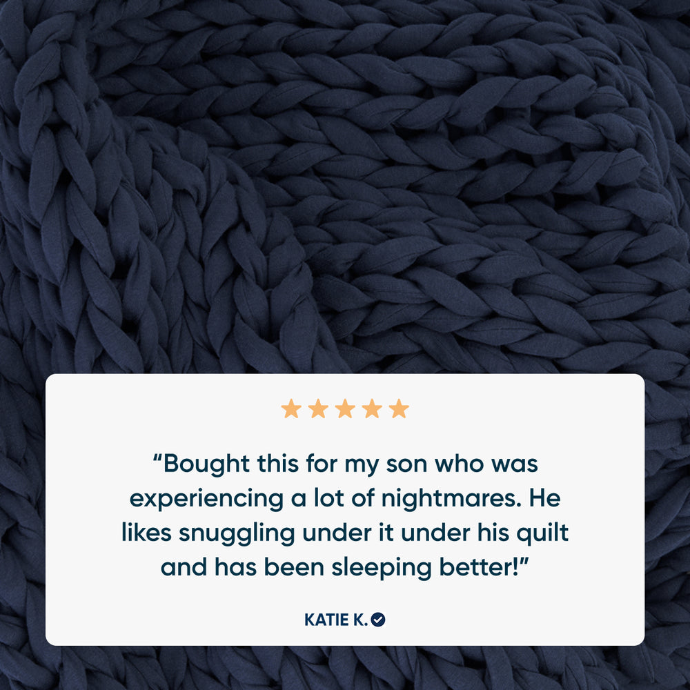 midnight blue knitted blanket with a five-star rating card and customer review.