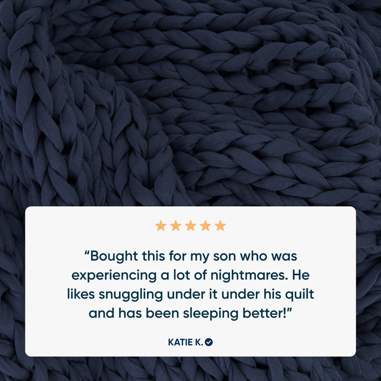 midnight blue knitted blanket with a five-star rating card and customer review.