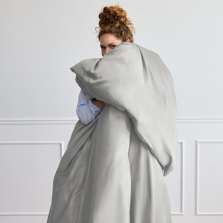 lady holding bearaby grey duvet cover