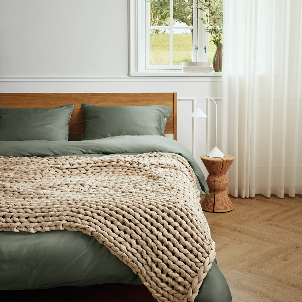 morning matcha duvet set with weighted blanket