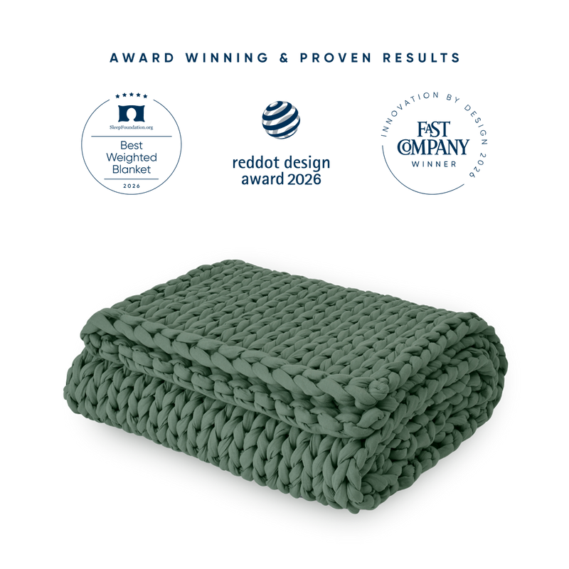 Morning Matcha weighted blanket with award badges