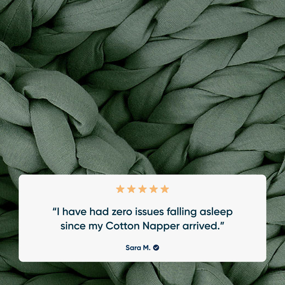 Morning Matcha knitted weighted blanket with a five-star rating text overlay