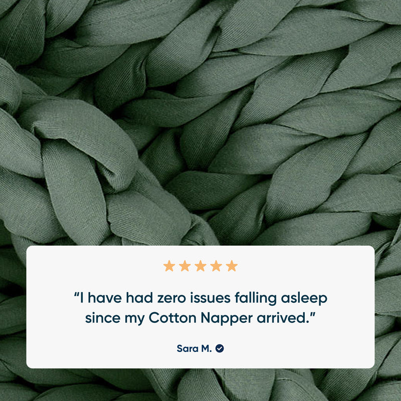 Morning Matcha knitted weighted blanket with a five-star rating text overlay