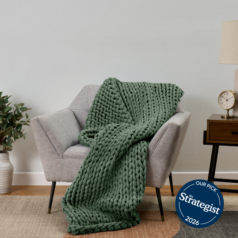 Morning Matcha chunky knit blanket  with 'The Strategist' 2026 badge.