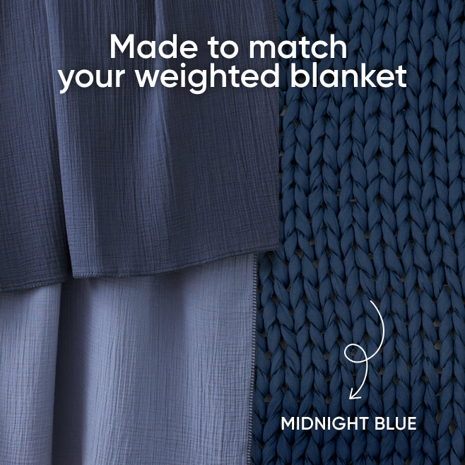 A close-up of a muslin blanket in a midnight blue color with the text made to match your weighted blanket