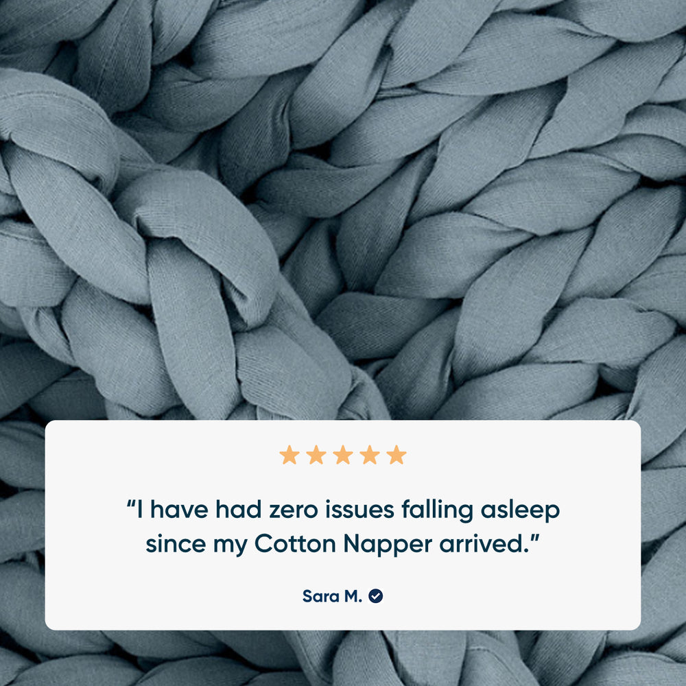 Close-up of Blue spruce weighted blanket with a five-star rating and customer review