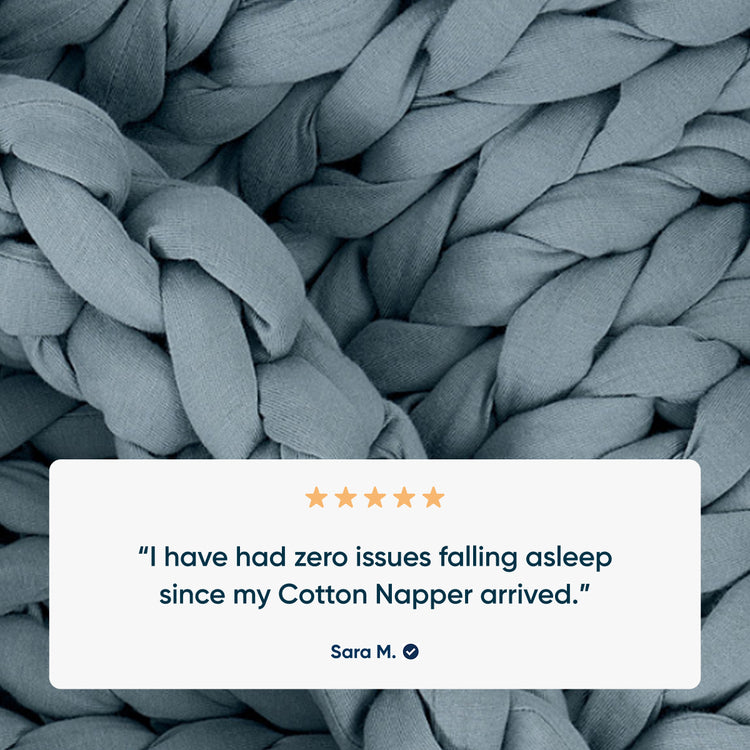 Close-up of Blue spruce weighted blanket with a five-star rating and customer review