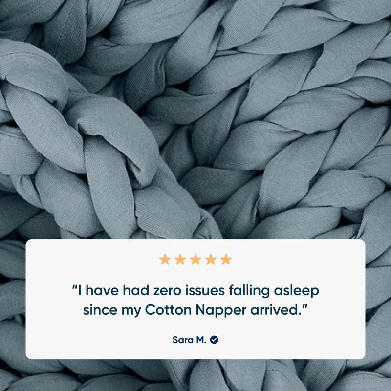 Close-up of Blue spruce weighted blanket with a five-star rating and customer review